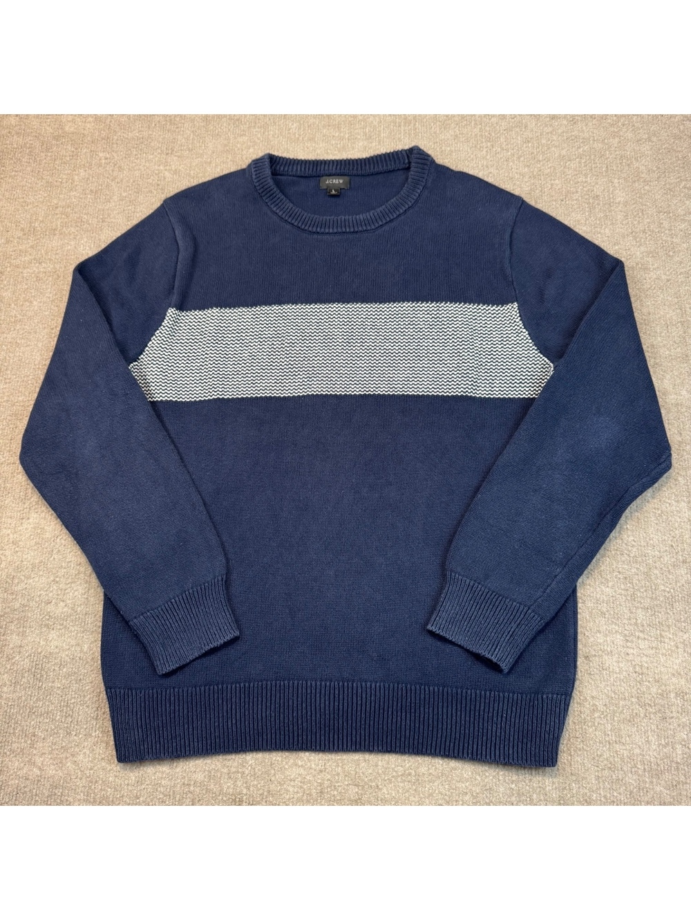J Crew Mens Jacquard Stripe Cotton Knit Crewneck Sweater Size L Navy Blue